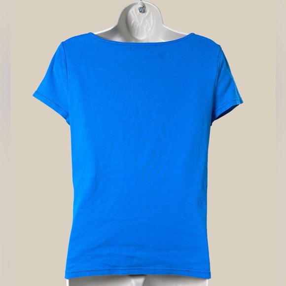 Lauren Ralph Lauren Women’s Blue Short Slv Top White X Stitching 100% Cotton L - Picture 2 of 5
